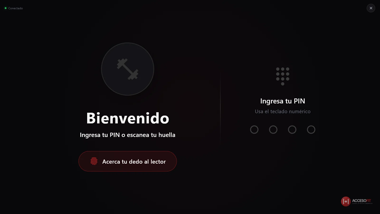 Pantalla del socio en espera: Bienvenido, escanea tu huella o ingresa tu PIN