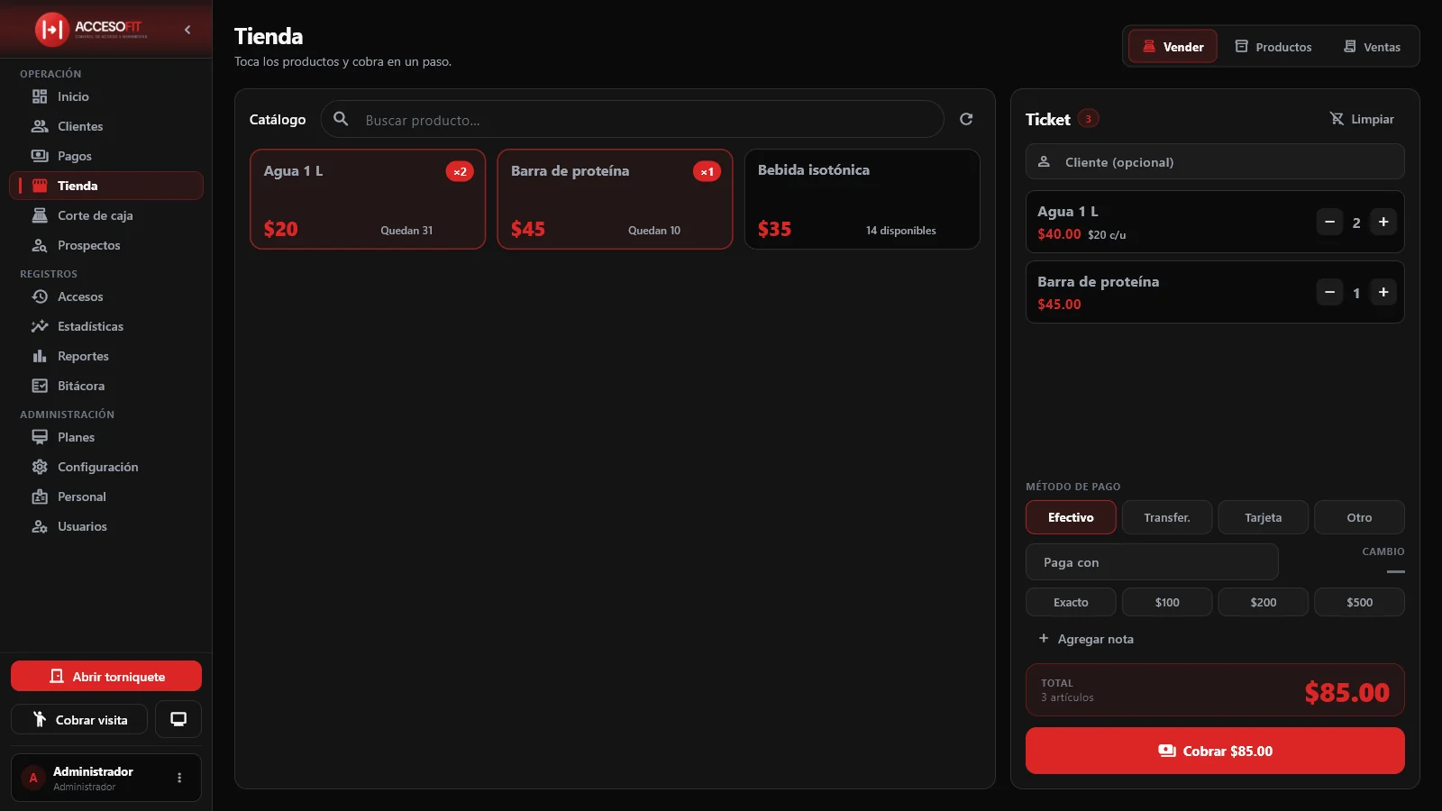 Tienda: catálogo de productos, ticket y cobro